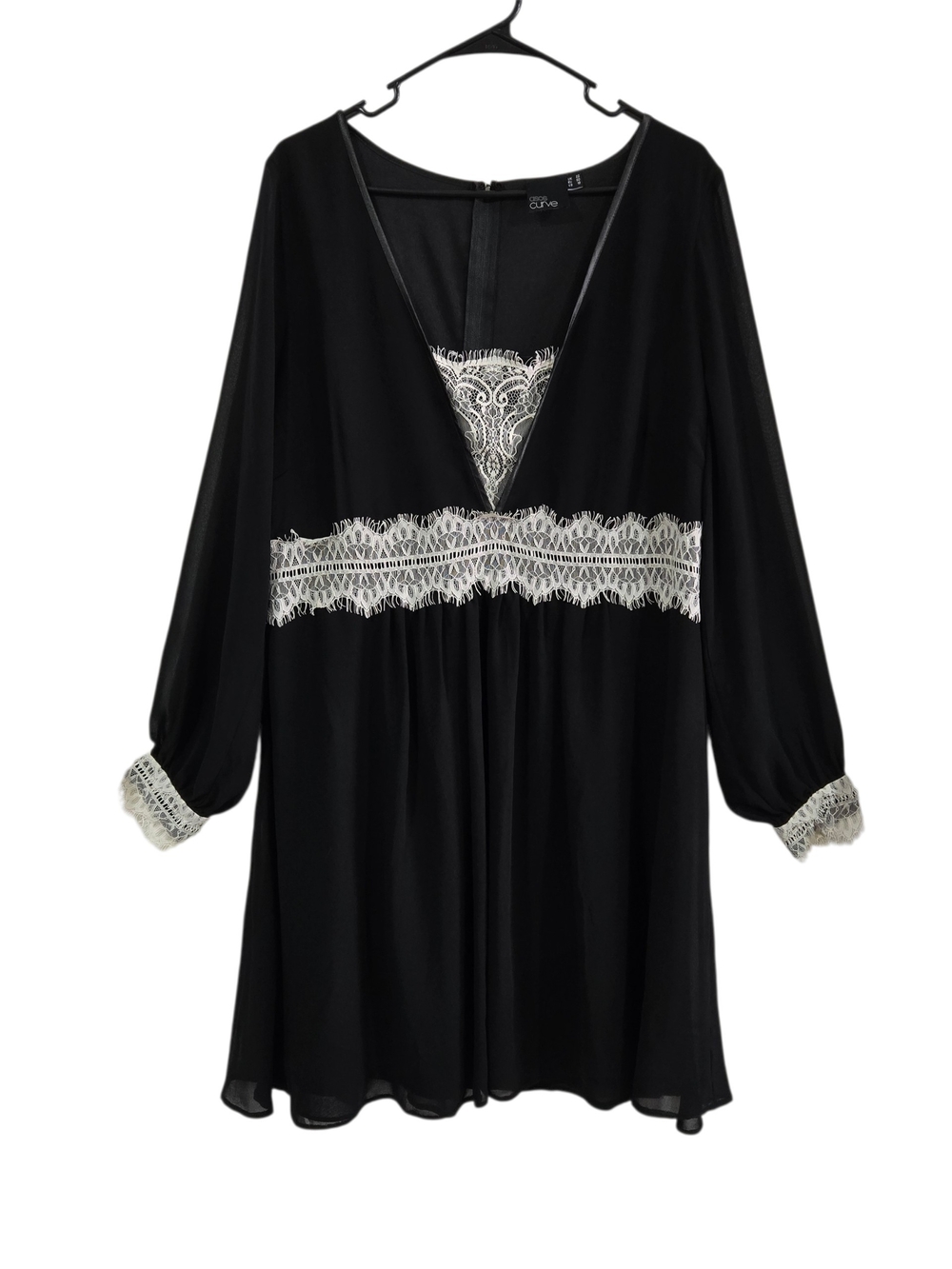 ASOS Curve Black Mini Chiffon Dress with Cream Lace Long Sheer Sleeve 18 New